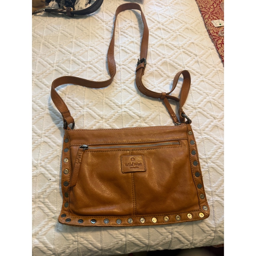 Wild West Los Angeles Brown Woven Leather Studded Crossbody Bag Womens
